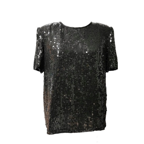 Vintage Designer Black Sequins & Silk Dressy Glam Top, Sz M - Picture 7 of 7